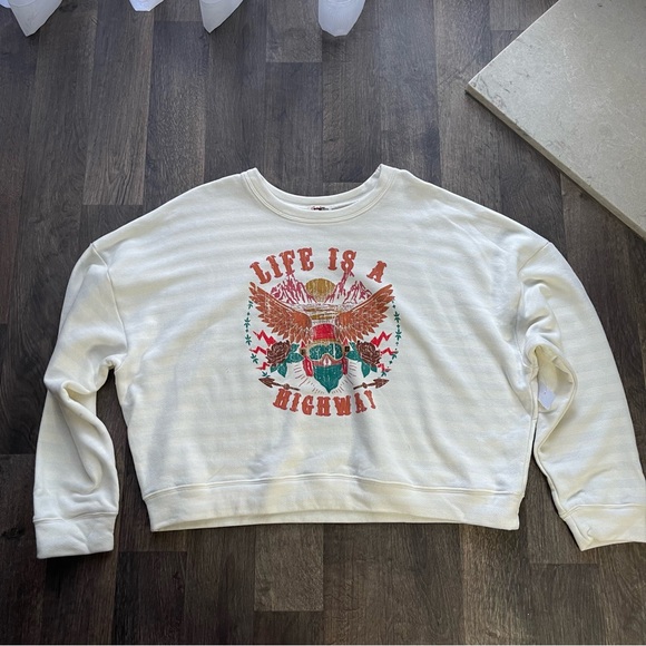 Ivory Crewneck Long Sleeve Sweatshirt "Life is a Highway" Logo Size XL - Picture 2 of 7